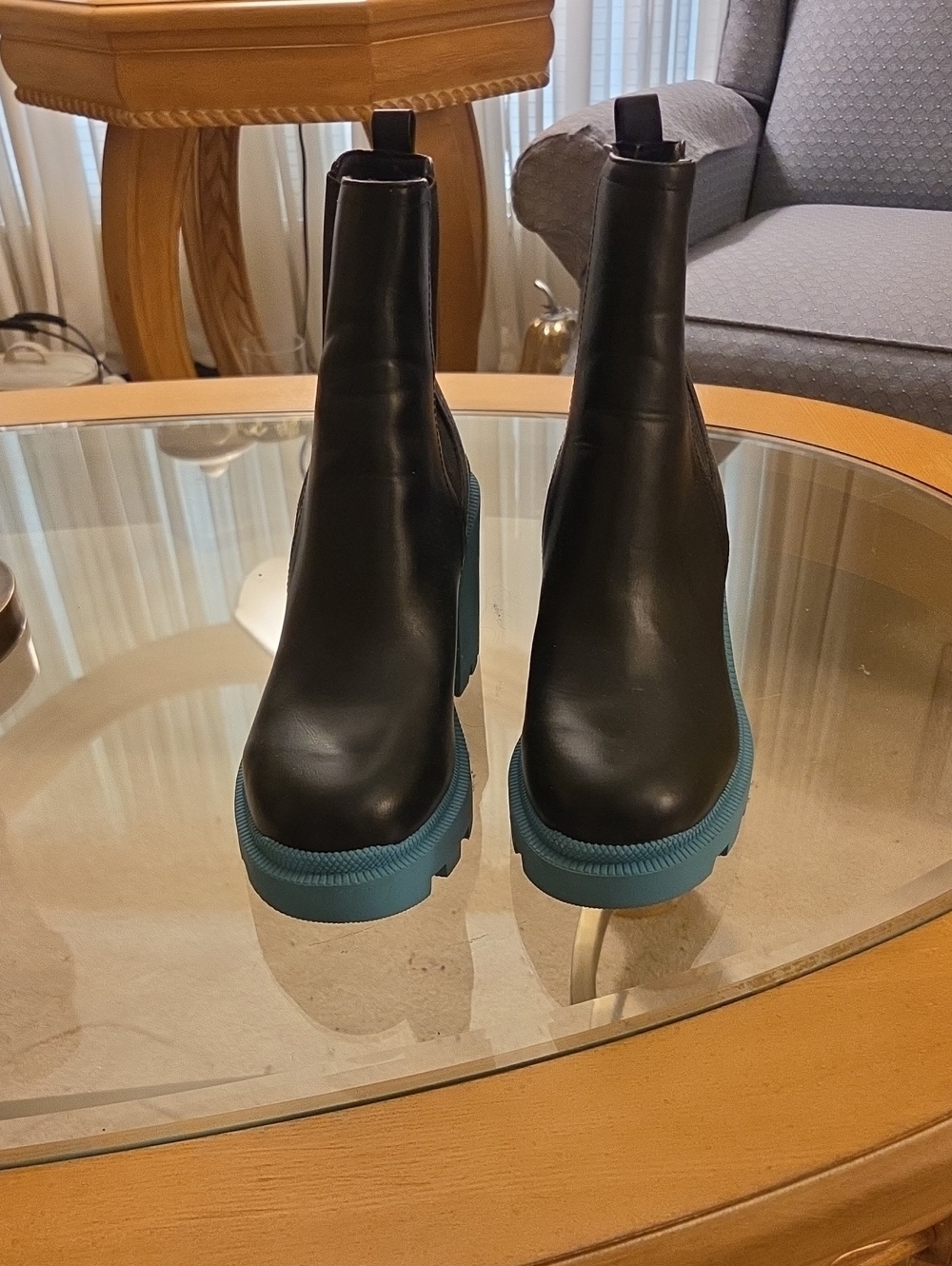 Nine West Black Leather Chelsea Boots with Blue Lug Sole